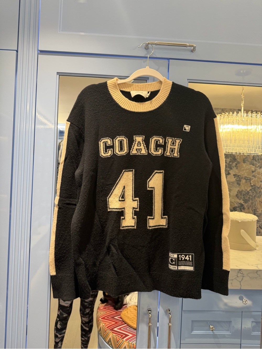 COACH 1941 Cashmere Varsity Logo Sweater Black & Cream XS